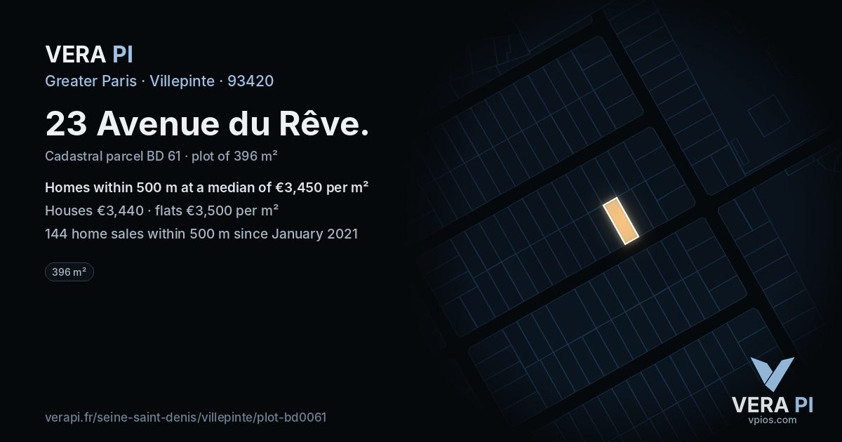 23 Avenue du Rêve, Villepinte at night – the plot lit, the parcels around coloured by the prices near them