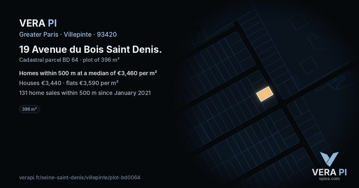 19 Avenue du Bois Saint Denis, Villepinte at night – the plot lit, the parcels around coloured by the prices near them