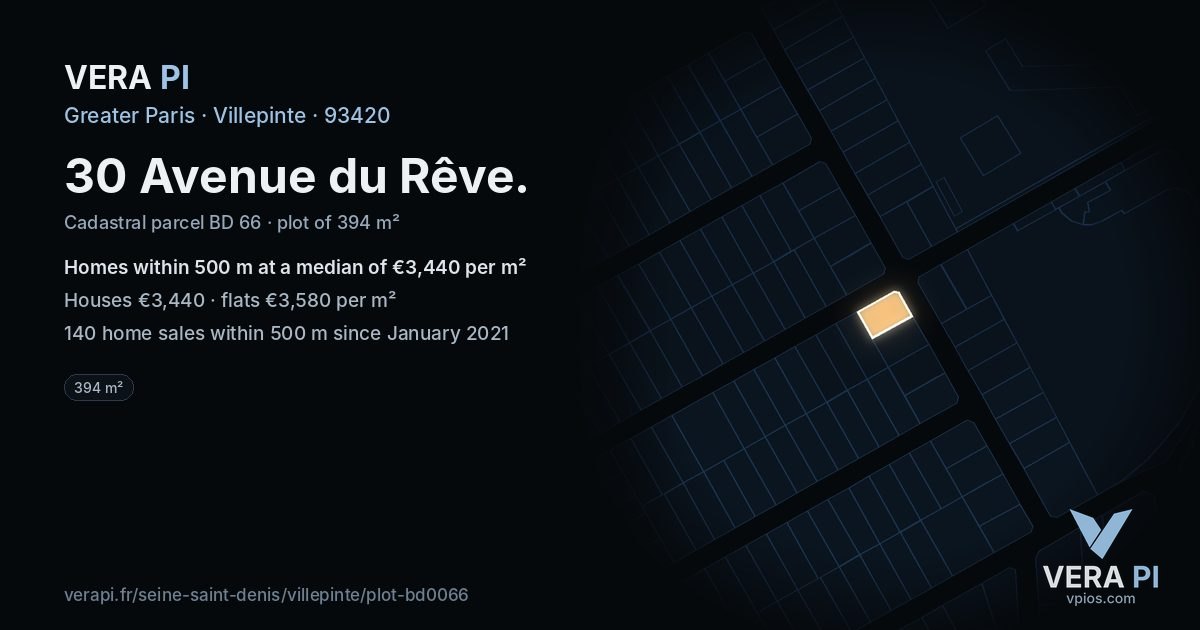 30 Avenue du Rêve, Villepinte at night – the plot lit, the parcels around coloured by the prices near them