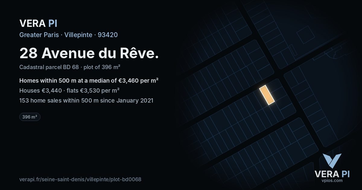 28 Avenue du Rêve, Villepinte at night – the plot lit, the parcels around coloured by the prices near them
