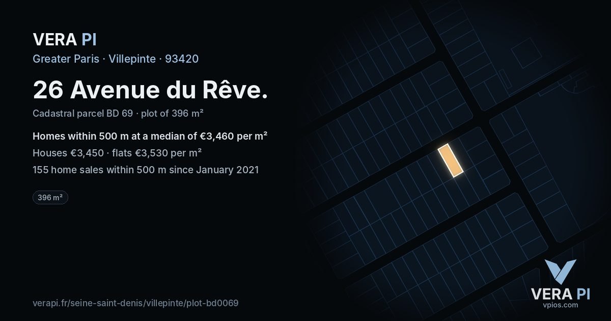 26 Avenue du Rêve, Villepinte at night – the plot lit, the parcels around coloured by the prices near them