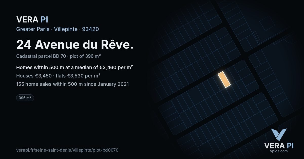 24 Avenue du Rêve, Villepinte at night – the plot lit, the parcels around coloured by the prices near them