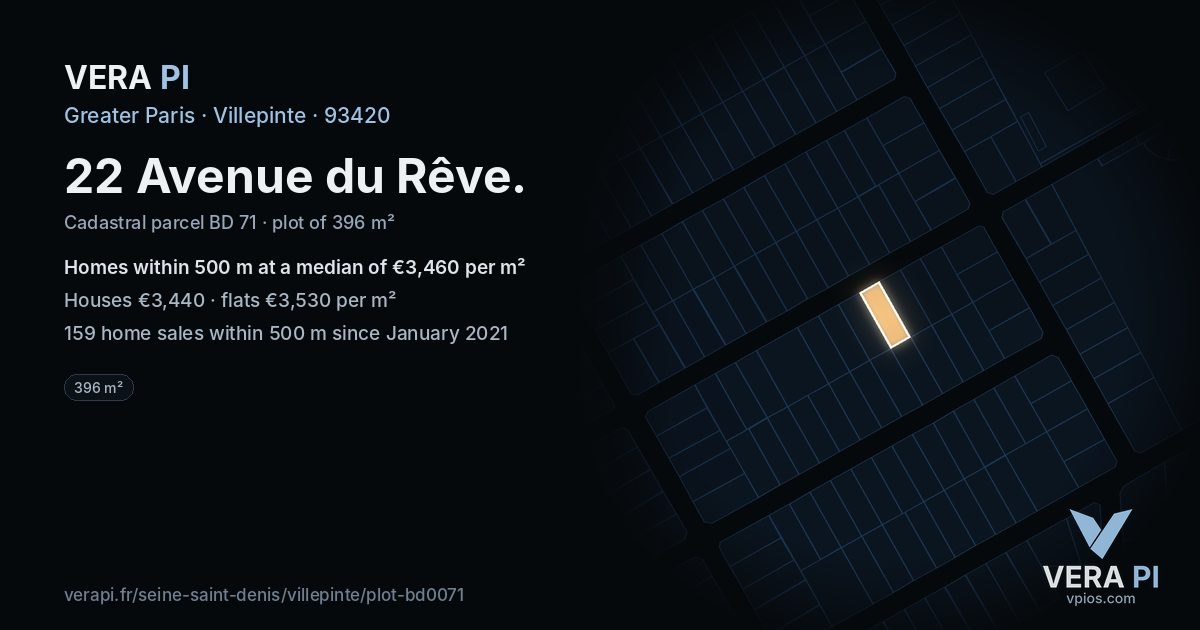 22 Avenue du Rêve, Villepinte at night – the plot lit, the parcels around coloured by the prices near them