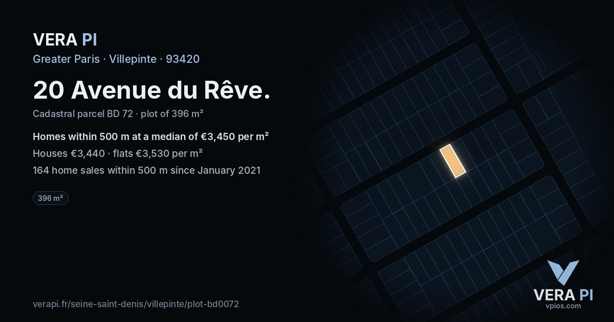 20 Avenue du Rêve, Villepinte at night – the plot lit, the parcels around coloured by the prices near them