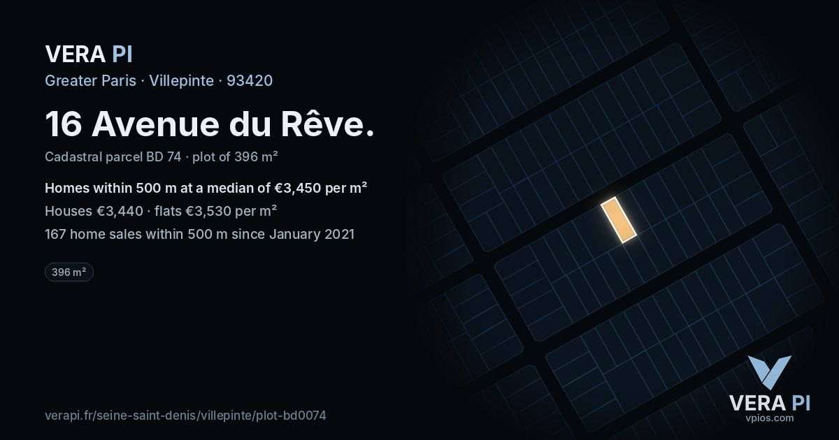 16 Avenue du Rêve, Villepinte at night – the plot lit, the parcels around coloured by the prices near them