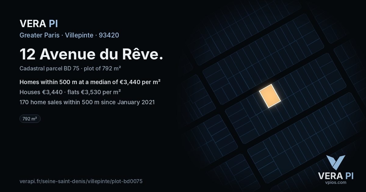 12 Avenue du Rêve, Villepinte at night – the plot lit, the parcels around coloured by the prices near them