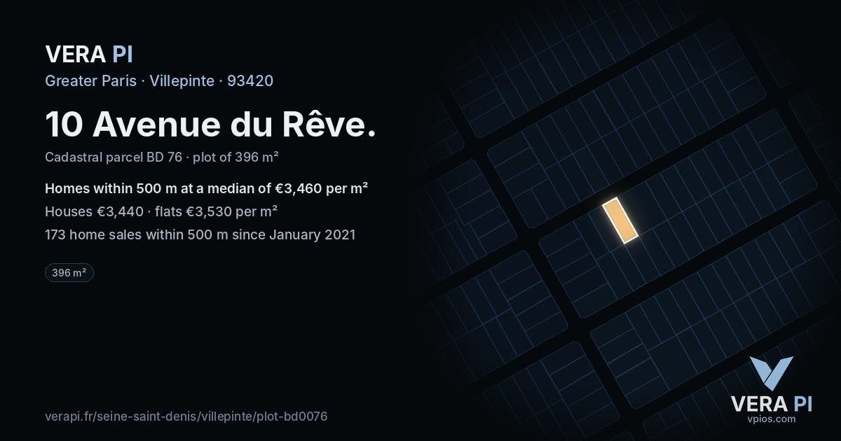 10 Avenue du Rêve, Villepinte at night – the plot lit, the parcels around coloured by the prices near them