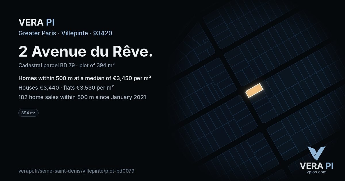 2 Avenue du Rêve, Villepinte at night – the plot lit, the parcels around coloured by the prices near them