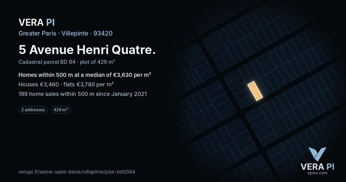 5 Avenue Henri Quatre, Villepinte at night – the plot lit, the parcels around coloured by the prices near them