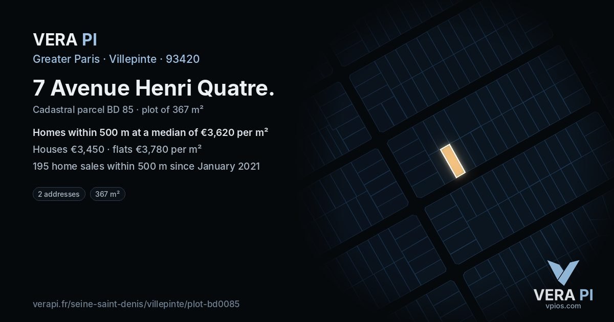 7 Avenue Henri Quatre, Villepinte at night – the plot lit, the parcels around coloured by the prices near them