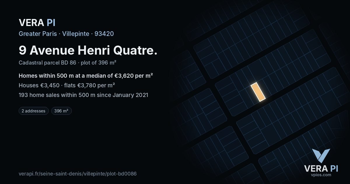 9 Avenue Henri Quatre, Villepinte at night – the plot lit, the parcels around coloured by the prices near them