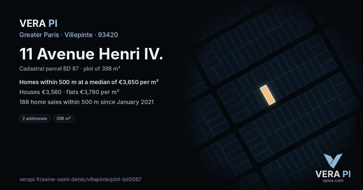 11 Avenue Henri IV, Villepinte at night – the plot lit, the parcels around coloured by the prices near them