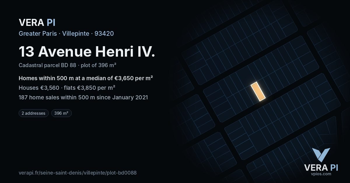 13 Avenue Henri IV, Villepinte at night – the plot lit, the parcels around coloured by the prices near them
