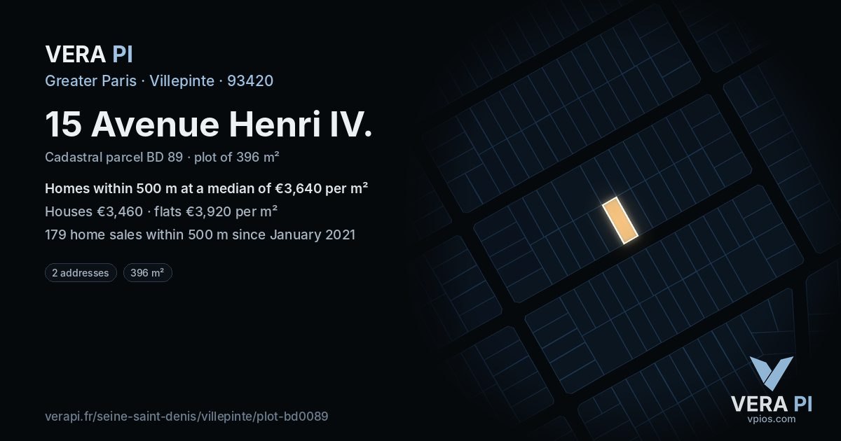 15 Avenue Henri IV, Villepinte at night – the plot lit, the parcels around coloured by the prices near them