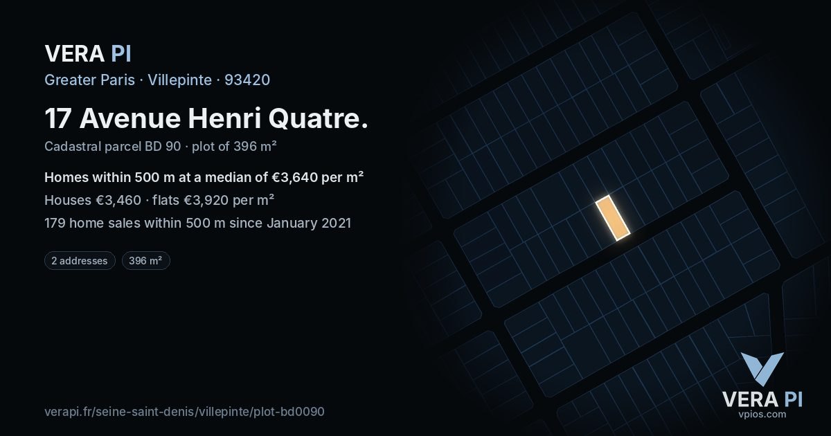 17 Avenue Henri Quatre, Villepinte at night – the plot lit, the parcels around coloured by the prices near them