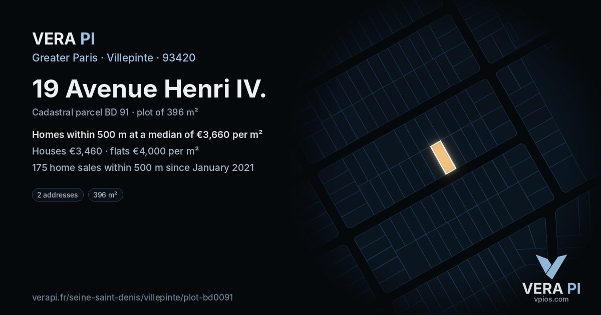 19 Avenue Henri IV, Villepinte at night – the plot lit, the parcels around coloured by the prices near them