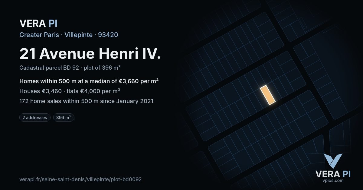 21 Avenue Henri IV, Villepinte at night – the plot lit, the parcels around coloured by the prices near them