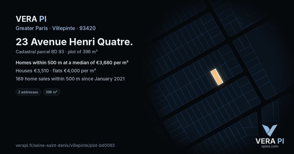 23 Avenue Henri Quatre, Villepinte at night – the plot lit, the parcels around coloured by the prices near them