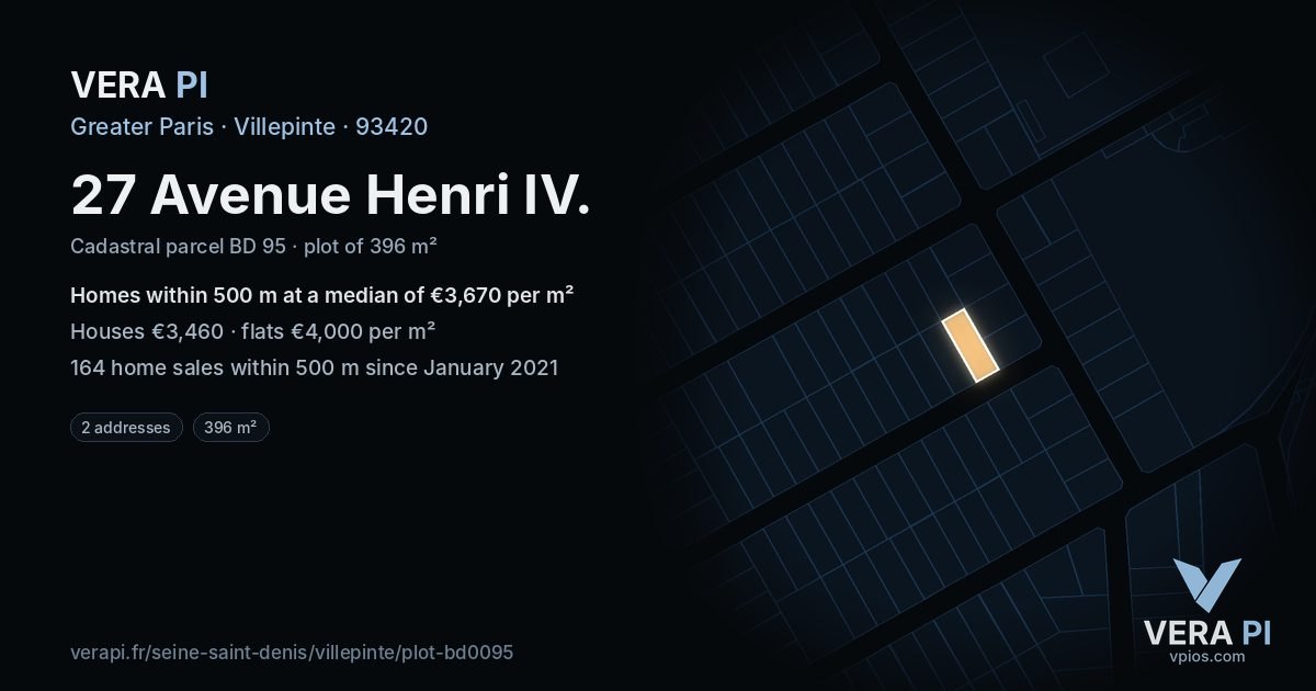 27 Avenue Henri IV, Villepinte at night – the plot lit, the parcels around coloured by the prices near them