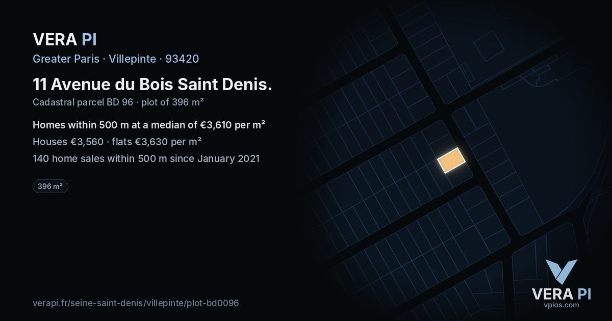 11 Avenue du Bois Saint Denis, Villepinte at night – the plot lit, the parcels around coloured by the prices near them
