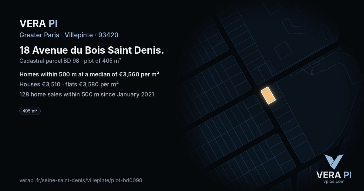 18 Avenue du Bois Saint Denis, Villepinte at night – the plot lit, the parcels around coloured by the prices near them