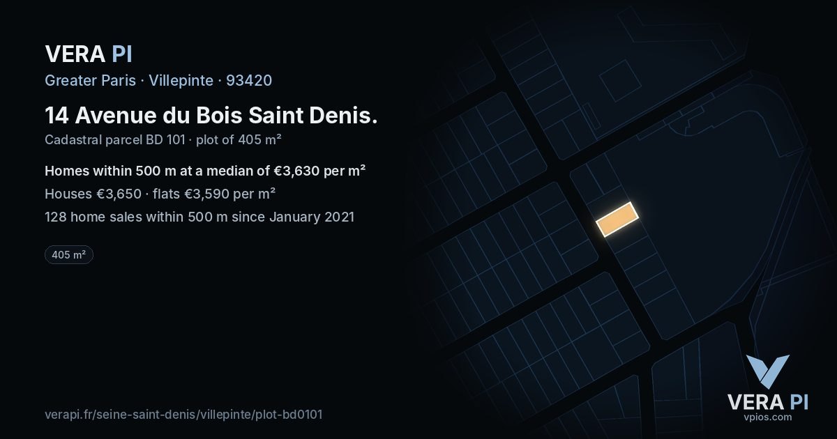 14 Avenue du Bois Saint Denis, Villepinte at night – the plot lit, the parcels around coloured by the prices near them