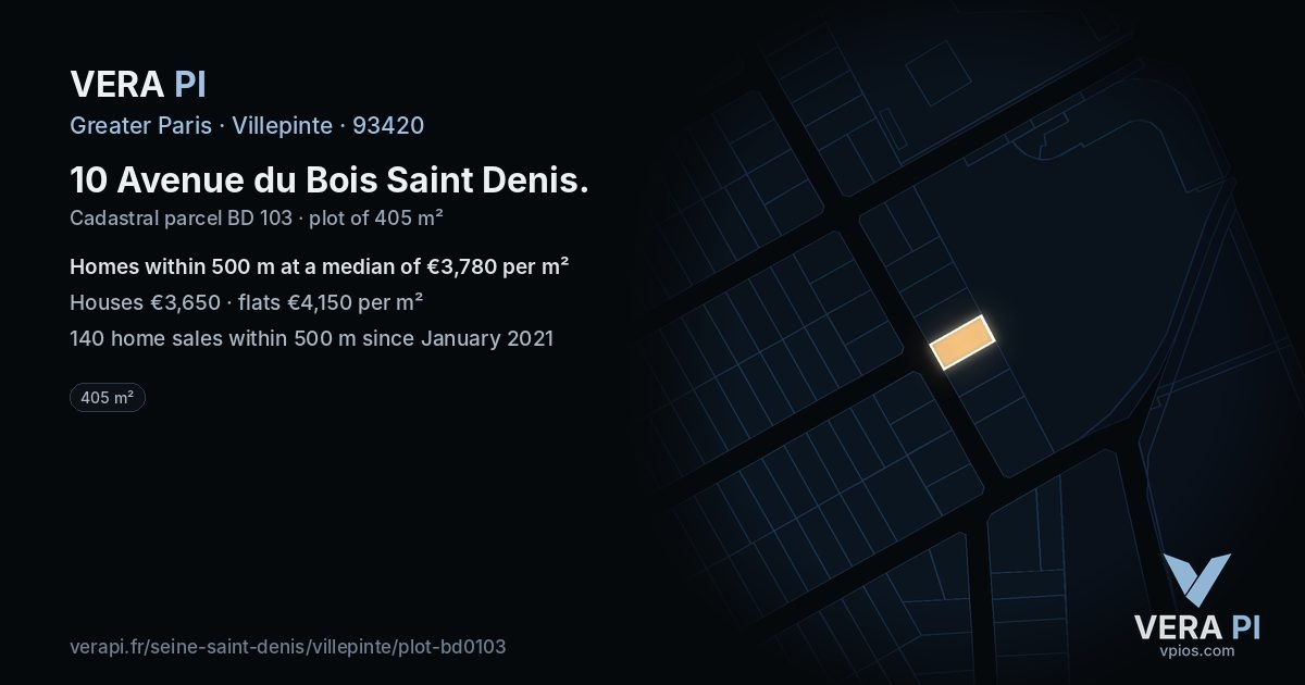 10 Avenue du Bois Saint Denis, Villepinte at night – the plot lit, the parcels around coloured by the prices near them