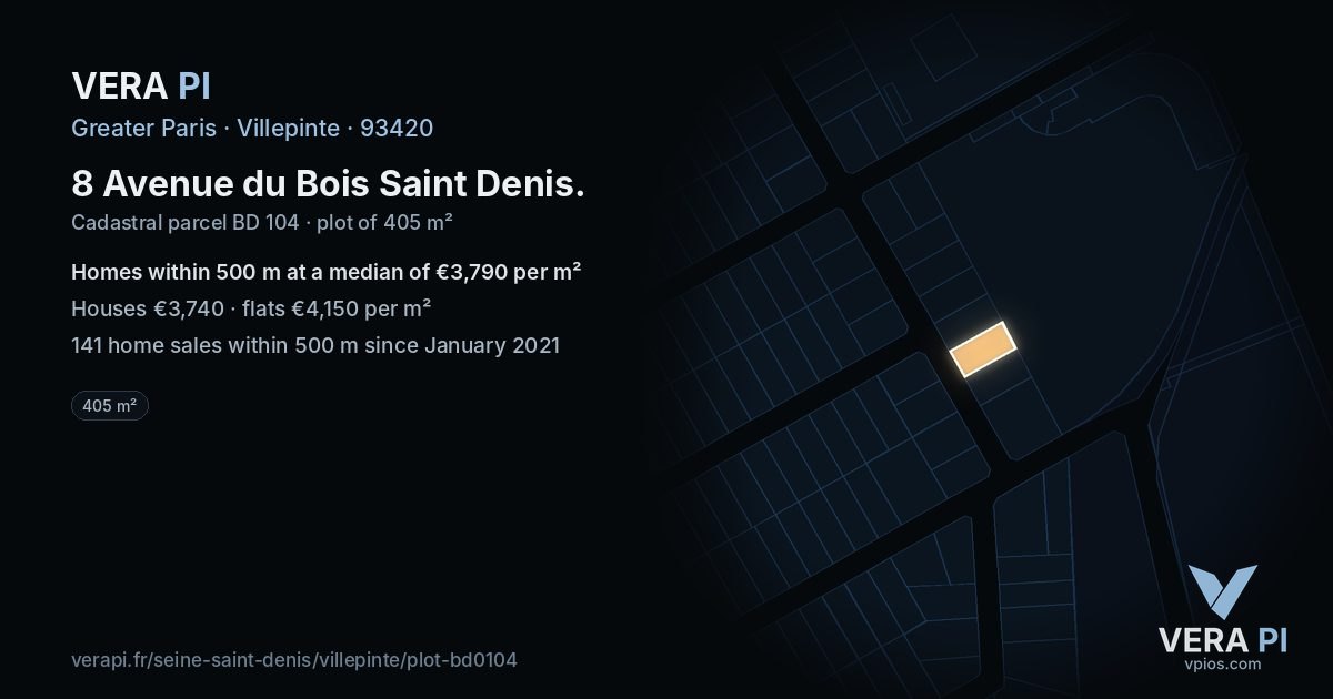 8 Avenue du Bois Saint Denis, Villepinte at night – the plot lit, the parcels around coloured by the prices near them