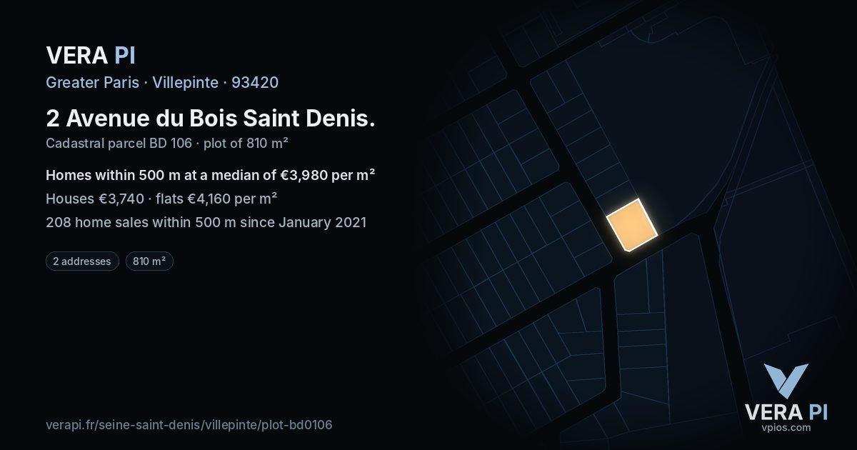 2 Avenue du Bois Saint Denis, Villepinte at night – the plot lit, the parcels around coloured by the prices near them