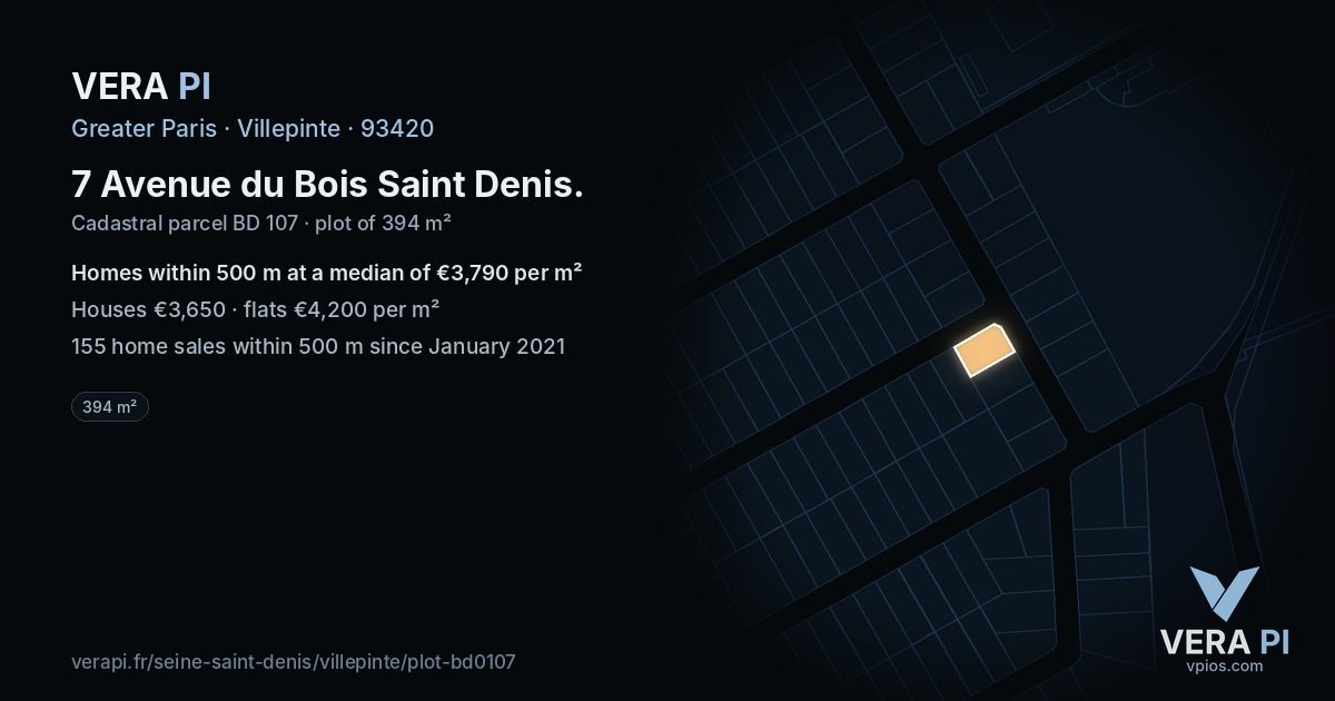 7 Avenue du Bois Saint Denis, Villepinte at night – the plot lit, the parcels around coloured by the prices near them