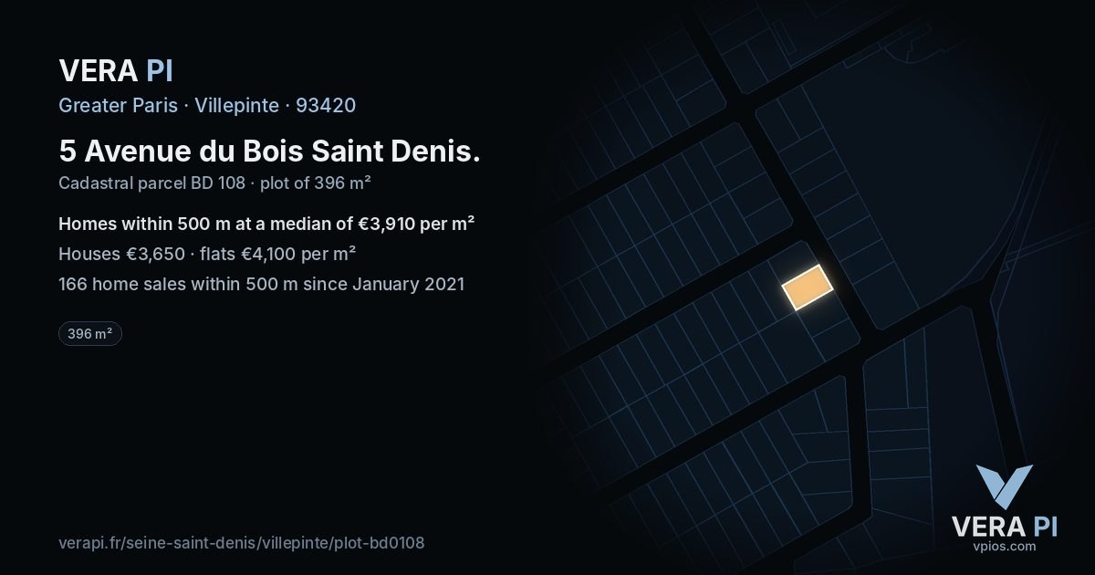 5 Avenue du Bois Saint Denis, Villepinte at night – the plot lit, the parcels around coloured by the prices near them