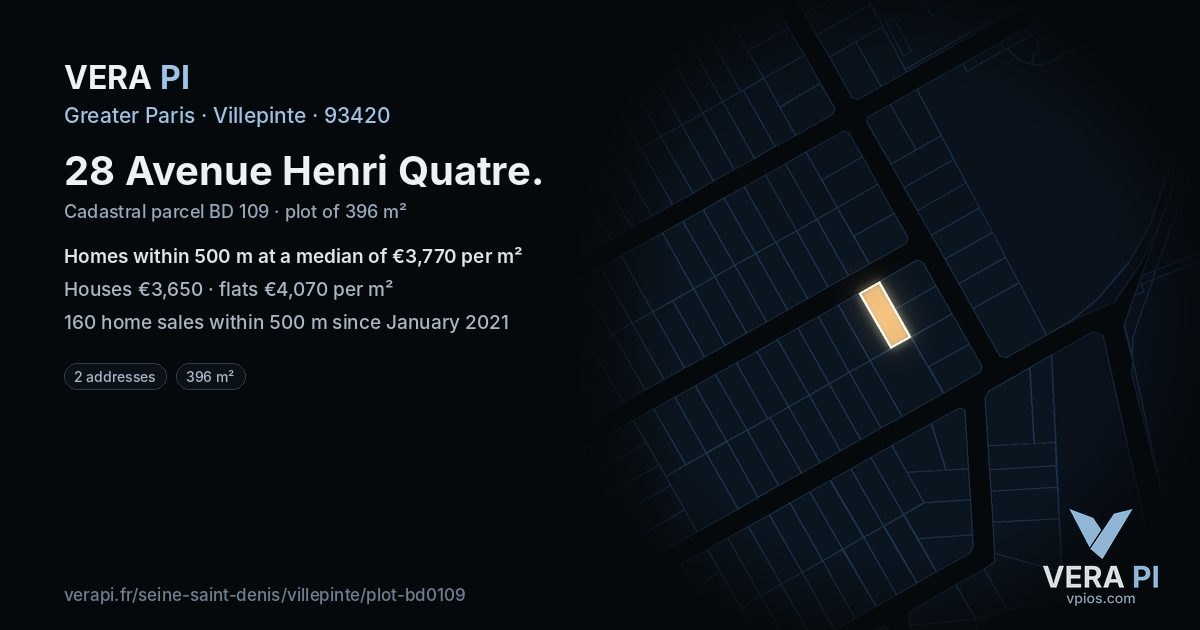 28 Avenue Henri Quatre, Villepinte at night – the plot lit, the parcels around coloured by the prices near them