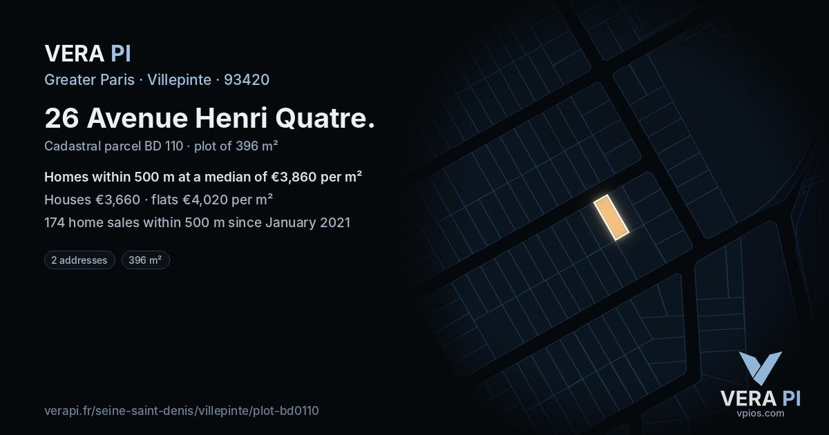 26 Avenue Henri Quatre, Villepinte at night – the plot lit, the parcels around coloured by the prices near them