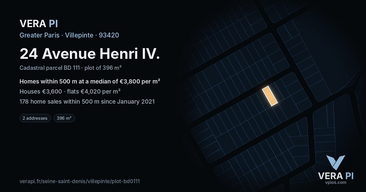 24 Avenue Henri IV, Villepinte at night – the plot lit, the parcels around coloured by the prices near them