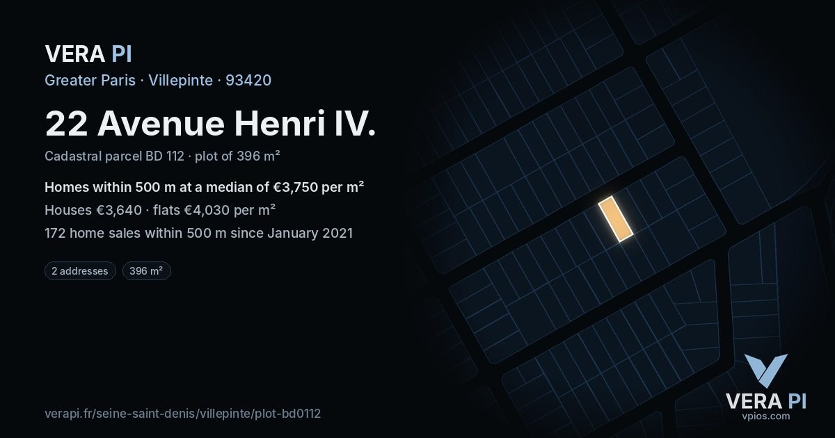 22 Avenue Henri IV, Villepinte at night – the plot lit, the parcels around coloured by the prices near them