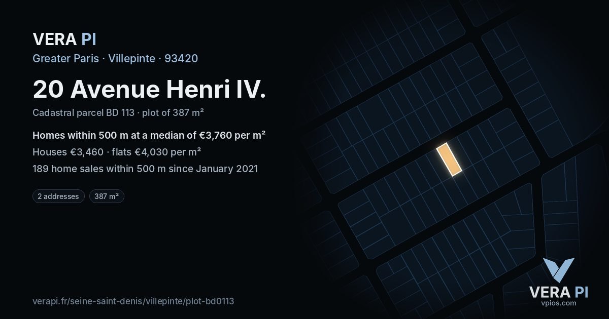 20 Avenue Henri IV, Villepinte at night – the plot lit, the parcels around coloured by the prices near them