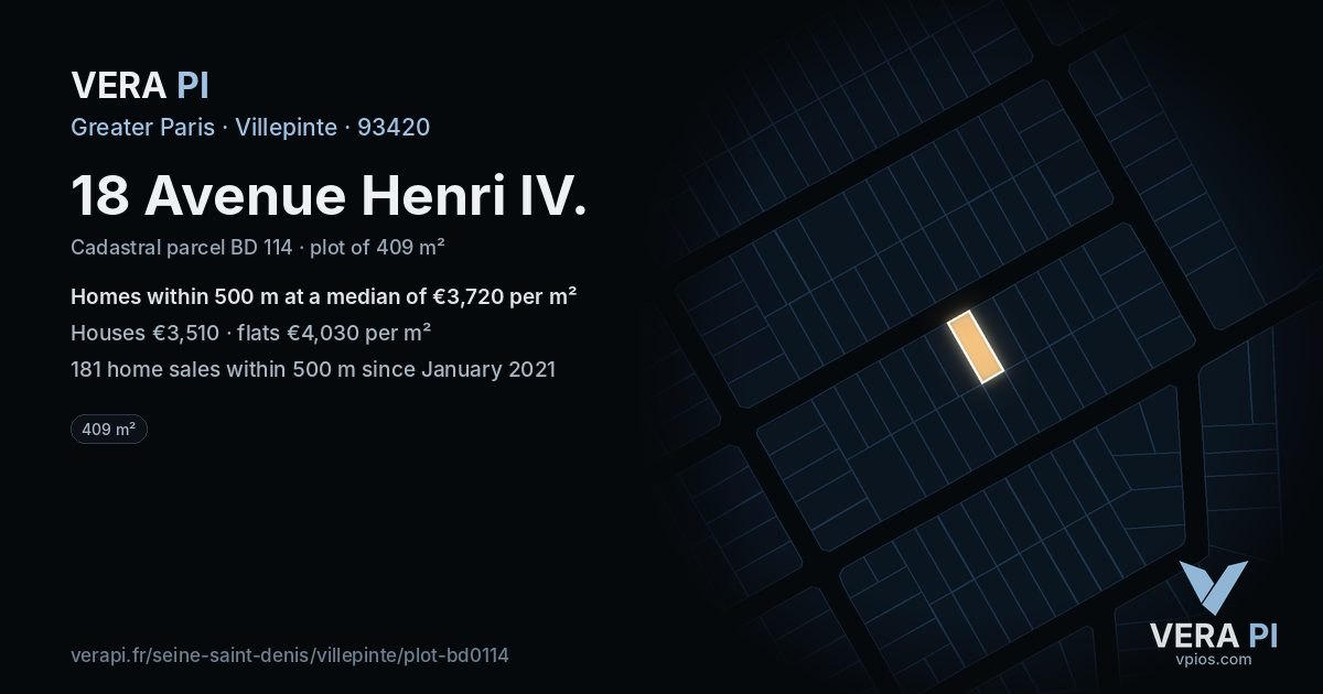 18 Avenue Henri IV, Villepinte at night – the plot lit, the parcels around coloured by the prices near them