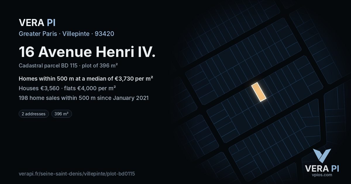 16 Avenue Henri IV, Villepinte at night – the plot lit, the parcels around coloured by the prices near them