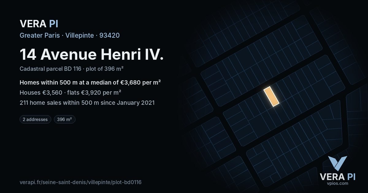 14 Avenue Henri IV, Villepinte at night – the plot lit, the parcels around coloured by the prices near them