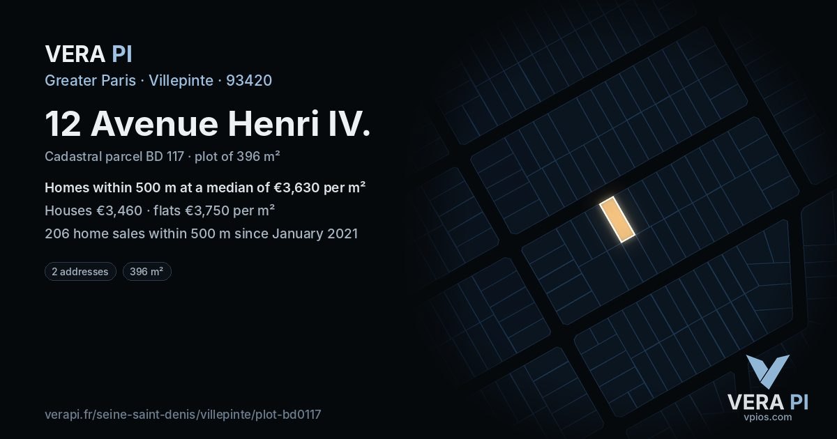 12 Avenue Henri IV, Villepinte at night – the plot lit, the parcels around coloured by the prices near them