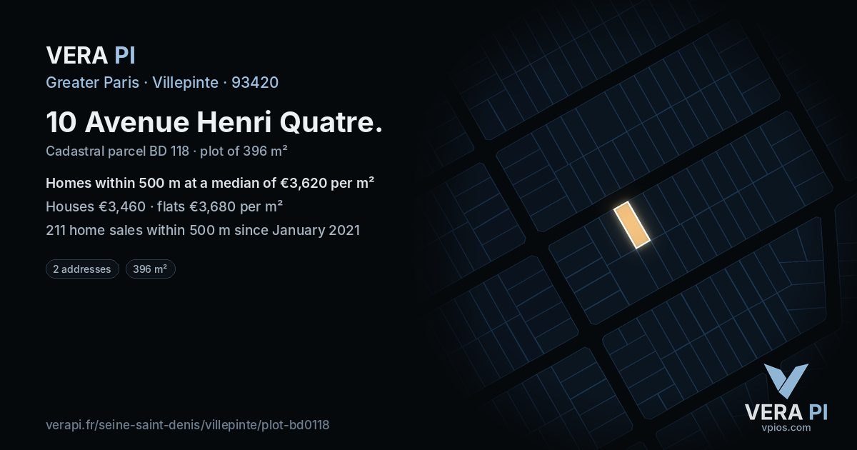 10 Avenue Henri Quatre, Villepinte at night – the plot lit, the parcels around coloured by the prices near them