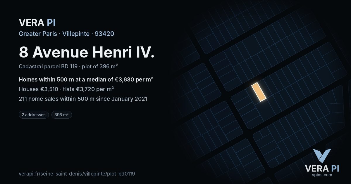 8 Avenue Henri IV, Villepinte at night – the plot lit, the parcels around coloured by the prices near them