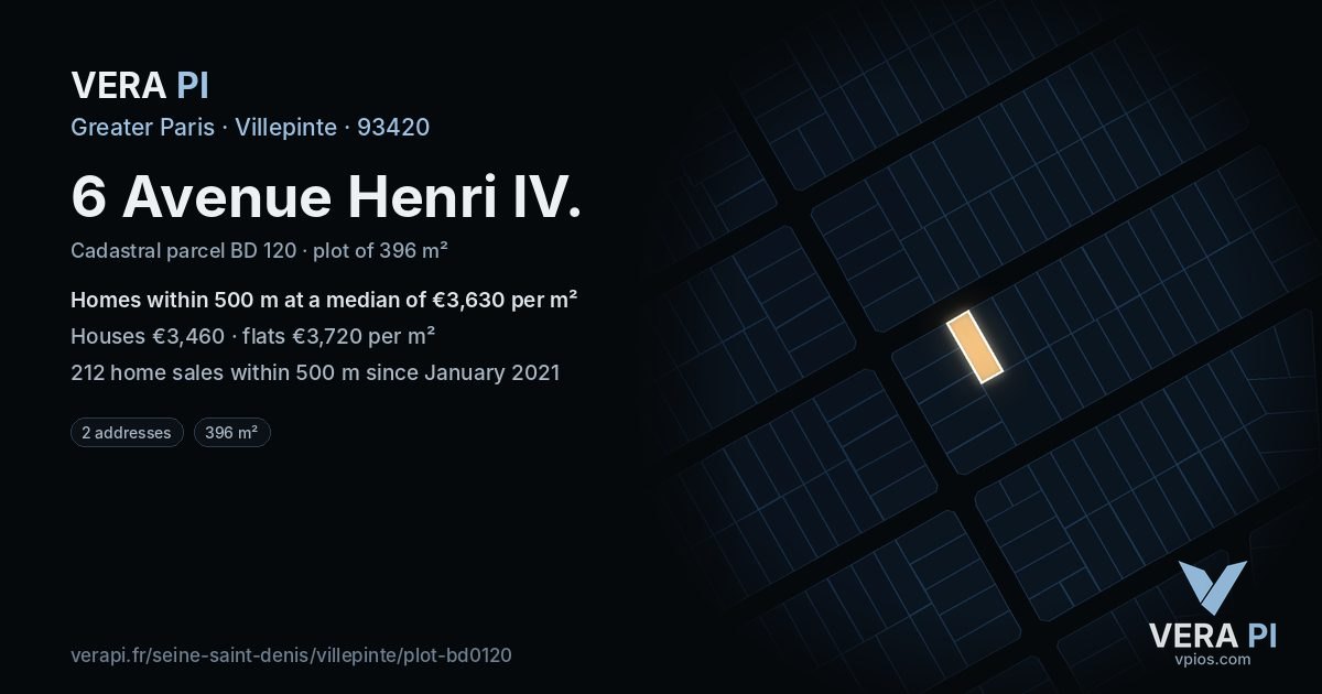 6 Avenue Henri IV, Villepinte at night – the plot lit, the parcels around coloured by the prices near them