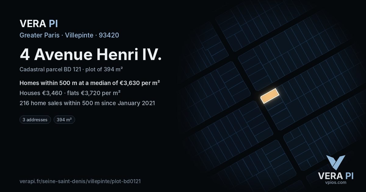 4 Avenue Henri IV, Villepinte at night – the plot lit, the parcels around coloured by the prices near them