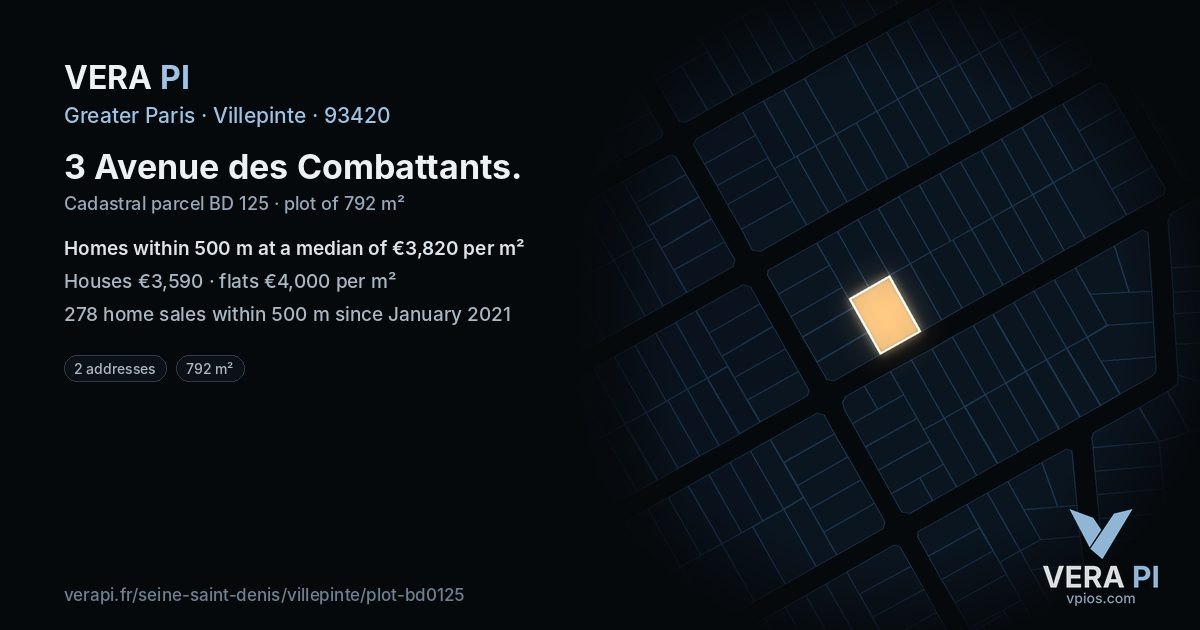 3 Avenue des Combattants, Villepinte at night – the plot lit, the parcels around coloured by the prices near them