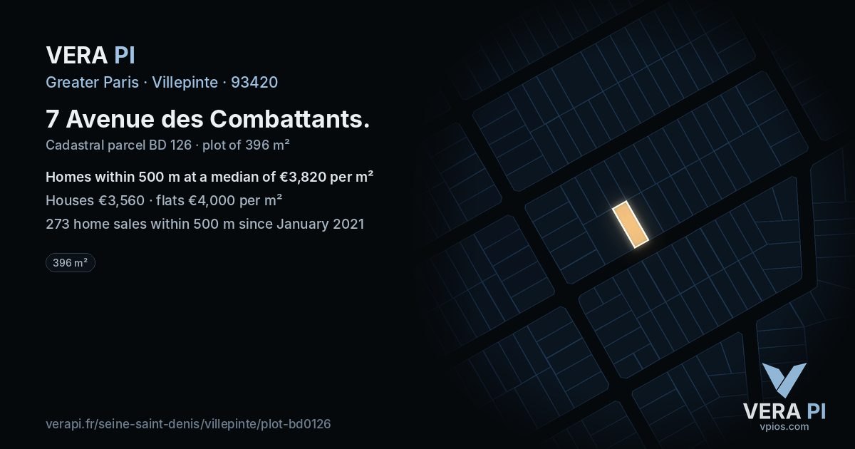 7 Avenue des Combattants, Villepinte at night – the plot lit, the parcels around coloured by the prices near them