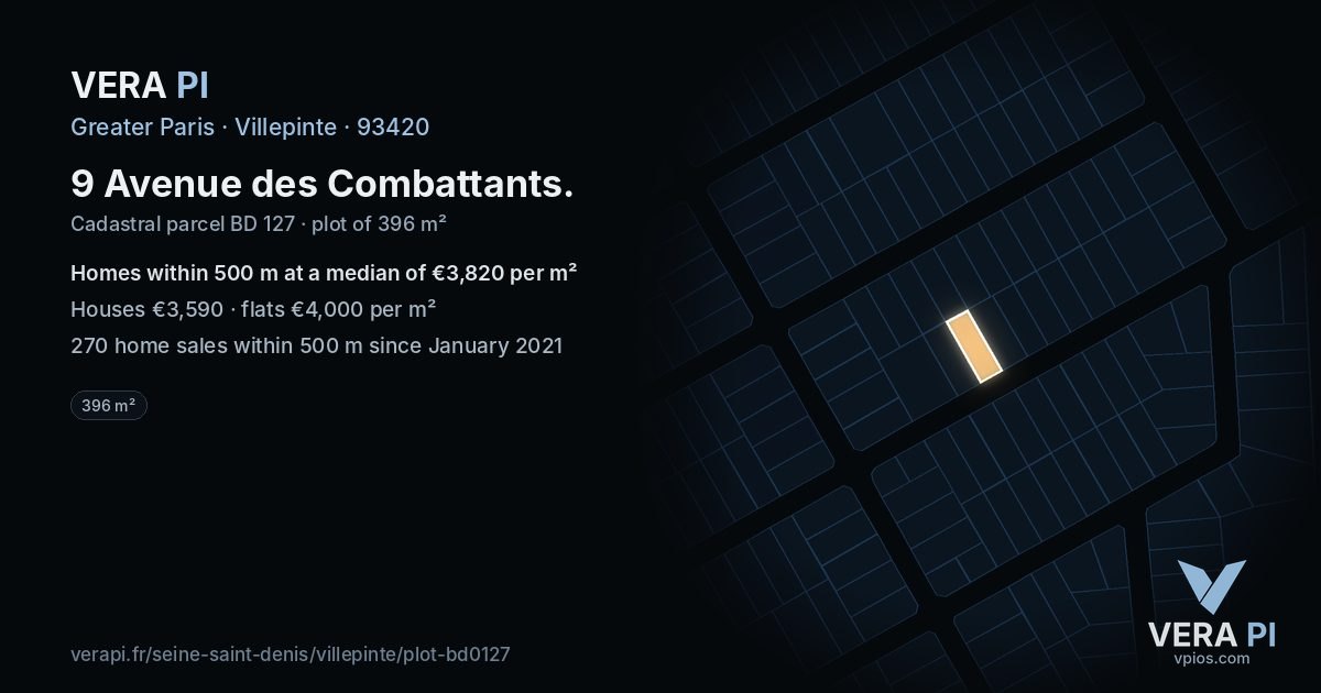 9 Avenue des Combattants, Villepinte at night – the plot lit, the parcels around coloured by the prices near them