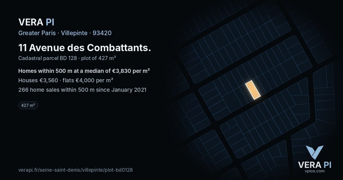 11 Avenue des Combattants, Villepinte at night – the plot lit, the parcels around coloured by the prices near them