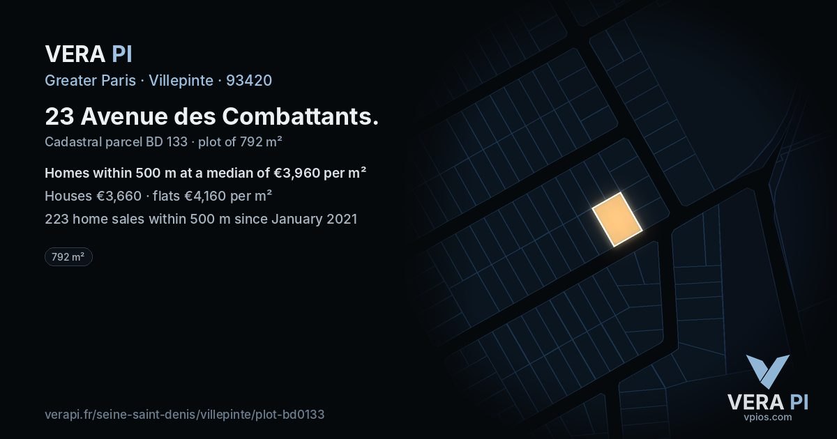 23 Avenue des Combattants, Villepinte at night – the plot lit, the parcels around coloured by the prices near them
