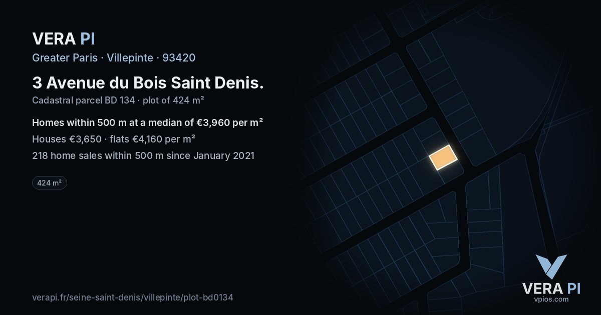 3 Avenue du Bois Saint Denis, Villepinte at night – the plot lit, the parcels around coloured by the prices near them